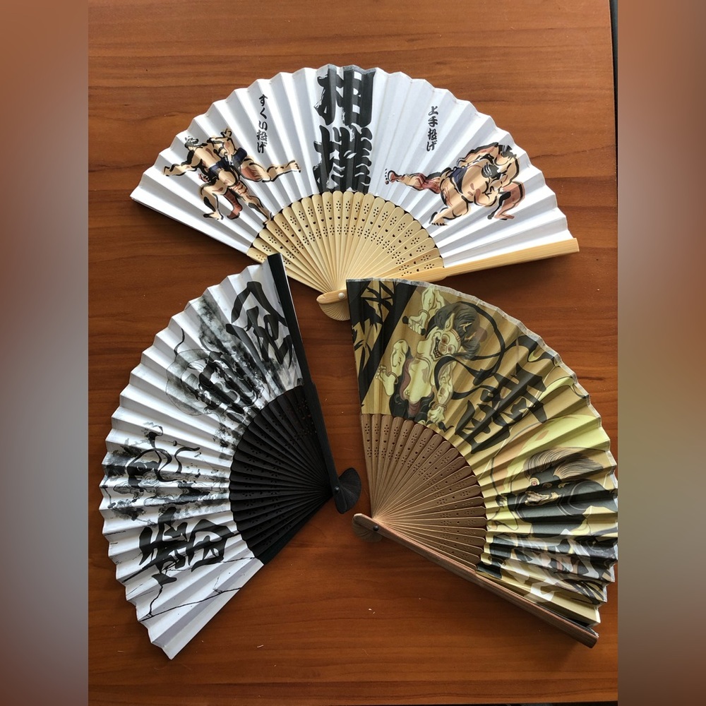 🆕 3 Piece Asian Wooden Folding Fans